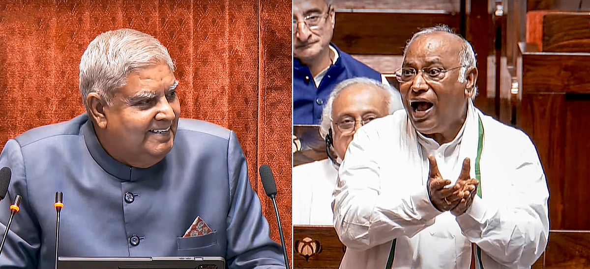 PTI : L: Chairman Jagdeep Dhankar | R: RS LoP Mallikarjun Kharge | 
